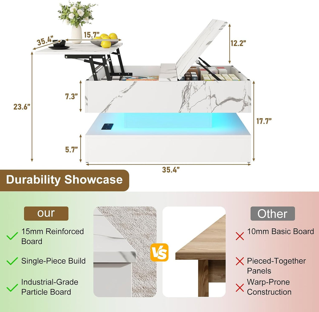 35.4' Large Square Coffee Table with Lifting top,Charging Station,Modern 2-Tier Square Center Table w/Hidden Compartment Storage,Tea Table with Wood Grain for Living Room, Office,White Marble