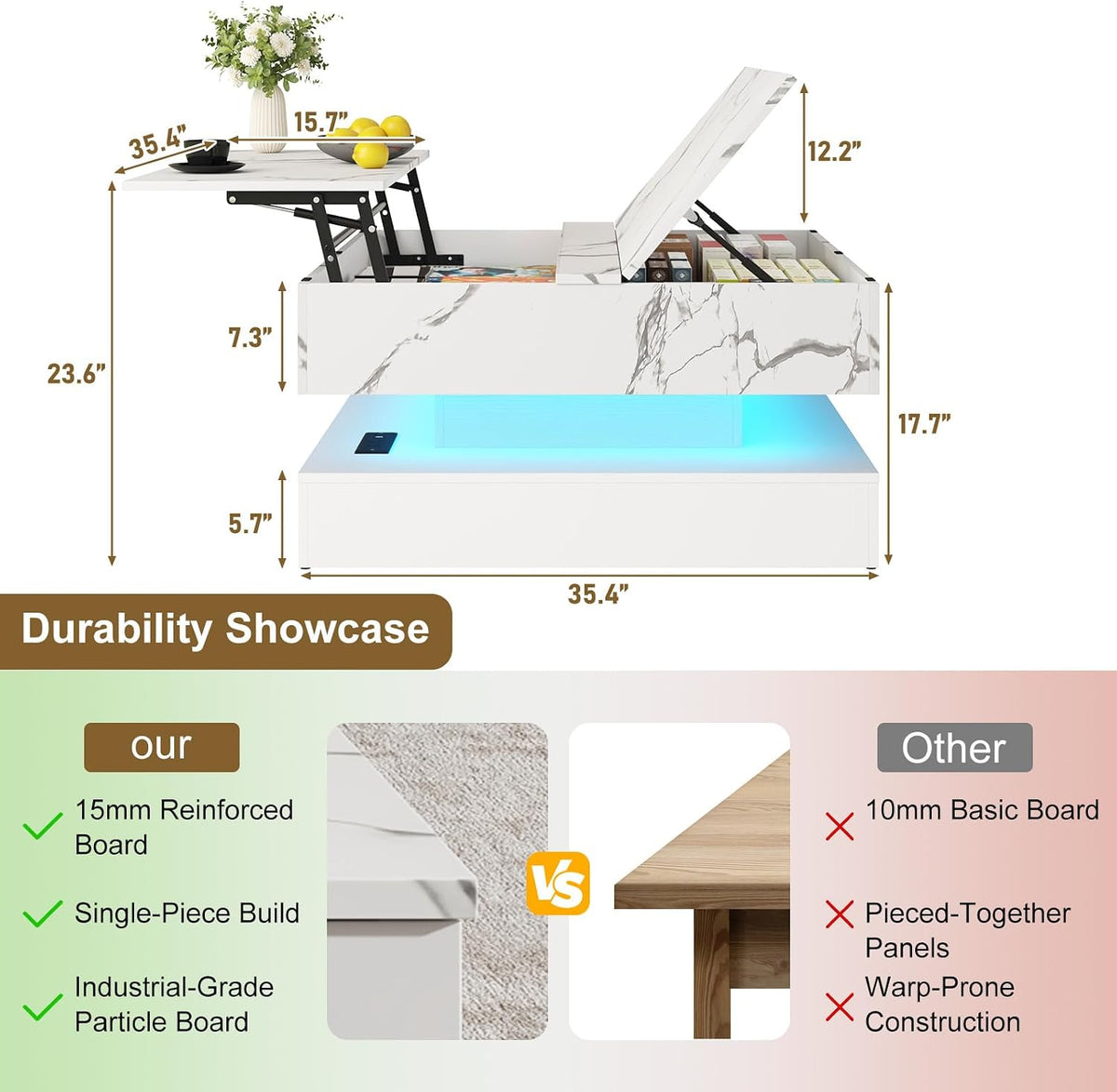 35.4' Large Square Coffee Table with Lifting top,Charging Station,Modern 2-Tier Square Center Table w/Hidden Compartment Storage,Tea Table with Wood Grain for Living Room, Office,White Marble
