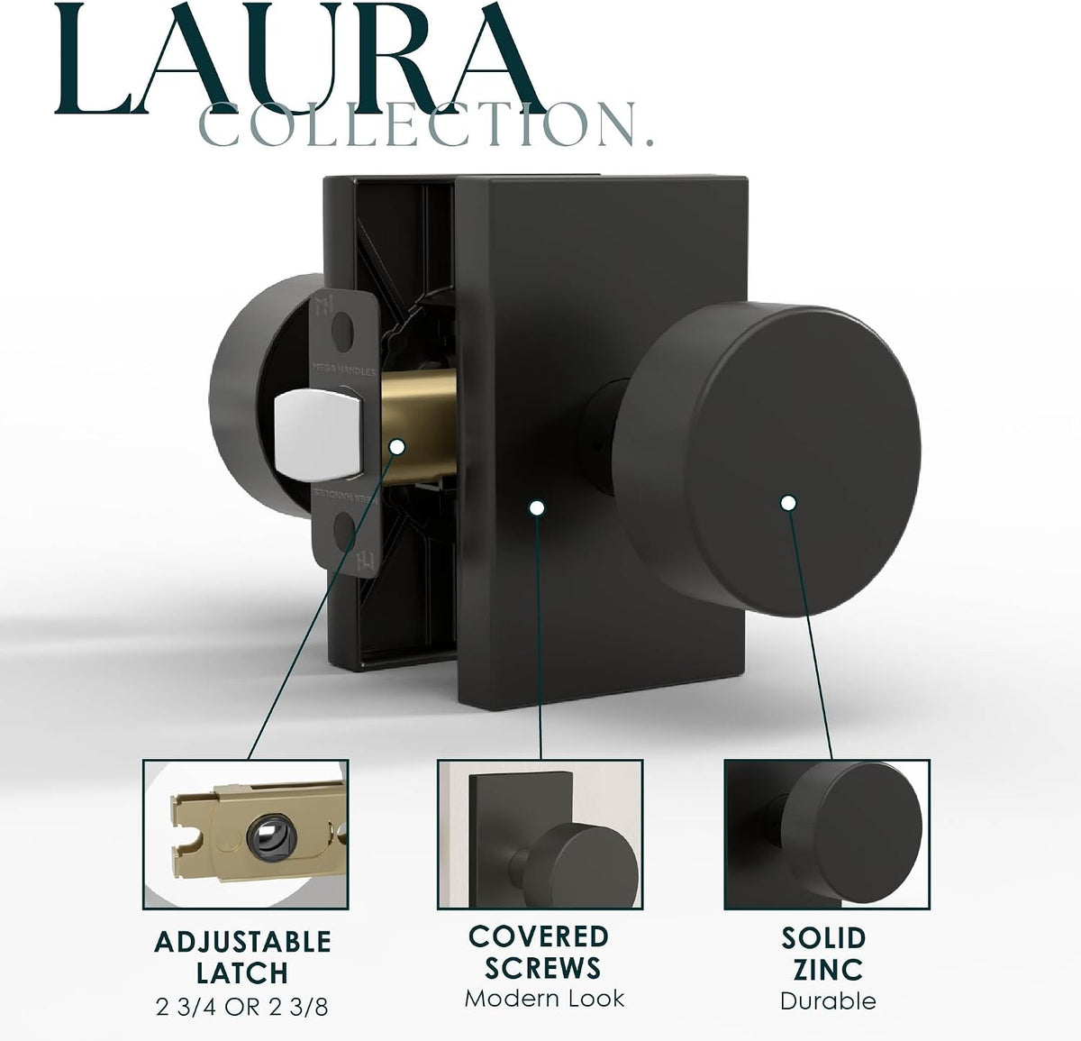 Mega Handles Laura Passage Door Knobs - 3 Pack Reversible Interior Door Knobs, Heavy Duty Matte Black Door Knob for Closet & Hallway, No Lock, Fits All Standard Door Sizes - Matte Black