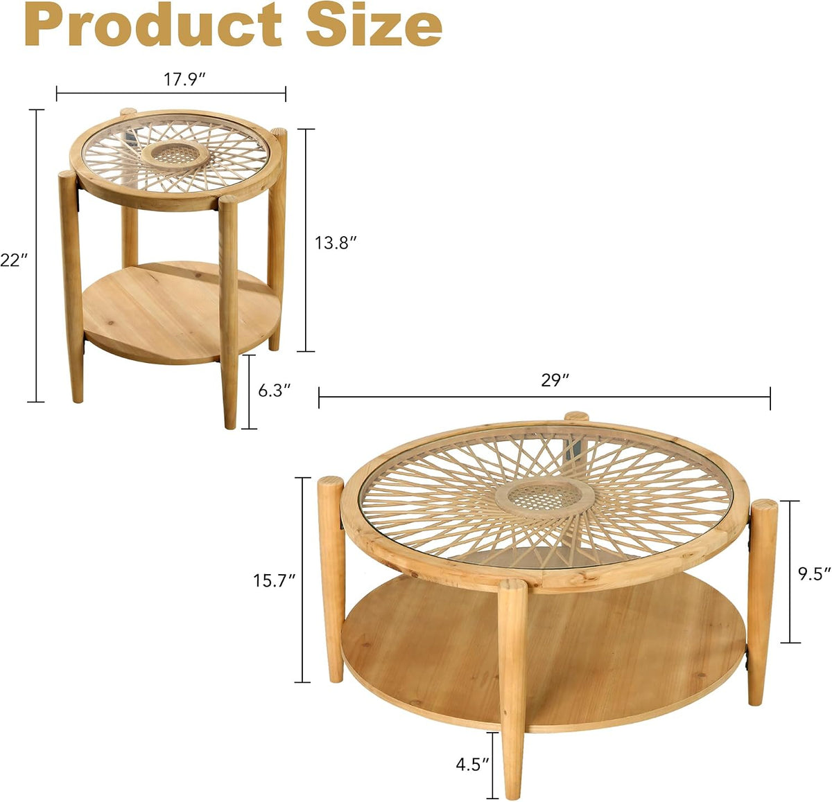 RUSTOWN Rattan Coffee Table Set of 3, Boho Living Room Table Set Includes Round Coffee Table & 2 End Tables, 3-Piece Accent Sofa Side Coffee Tables Set with Rattan & Tempered Glass Top (Natural)