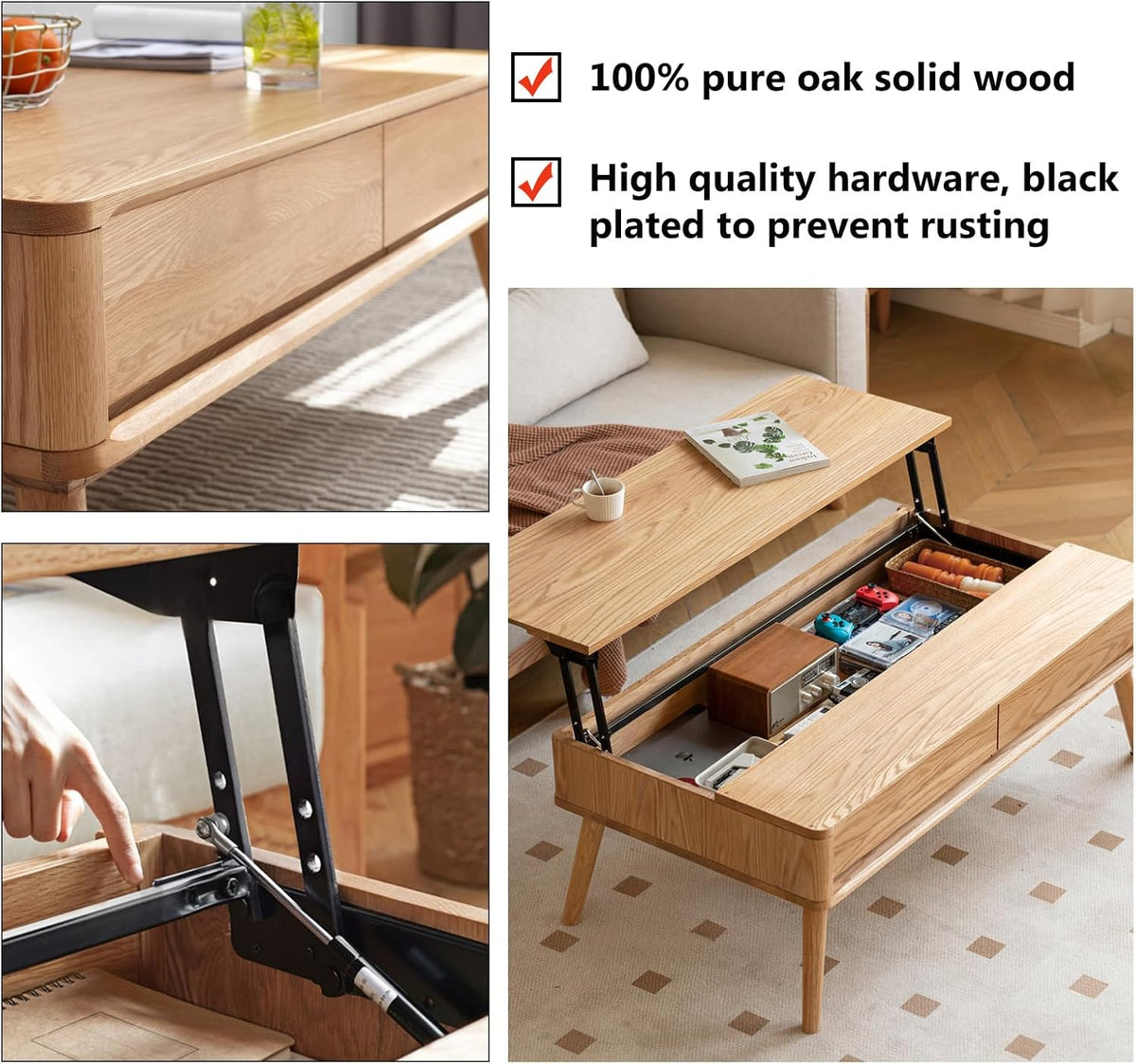100% Solid Wood Lift Top Coffee Table for Living Room, Mid Century Modern Tables with Drawers and Large Storage, Oak Coffee Tables for Small Spaces (Oak Wood Log, 39.37' W x 21.65' D x 25.59' H)