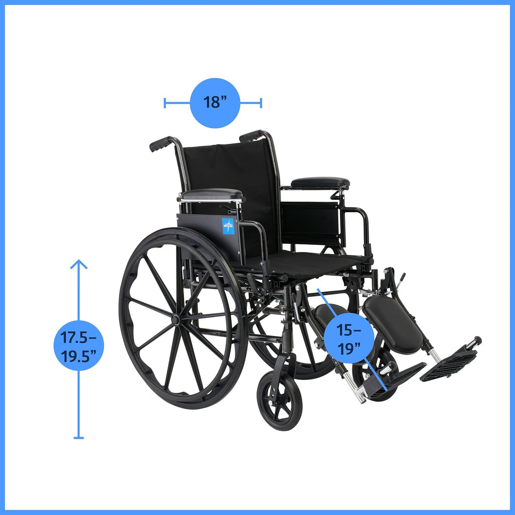 Medline K3 Guardian Wheelchair, 18' Wide Seat, Height-Adjustable Arms, Elevating Leg Rests - Lightweight, Foldable Mobility Aid for Enhanced Comfort and Independence