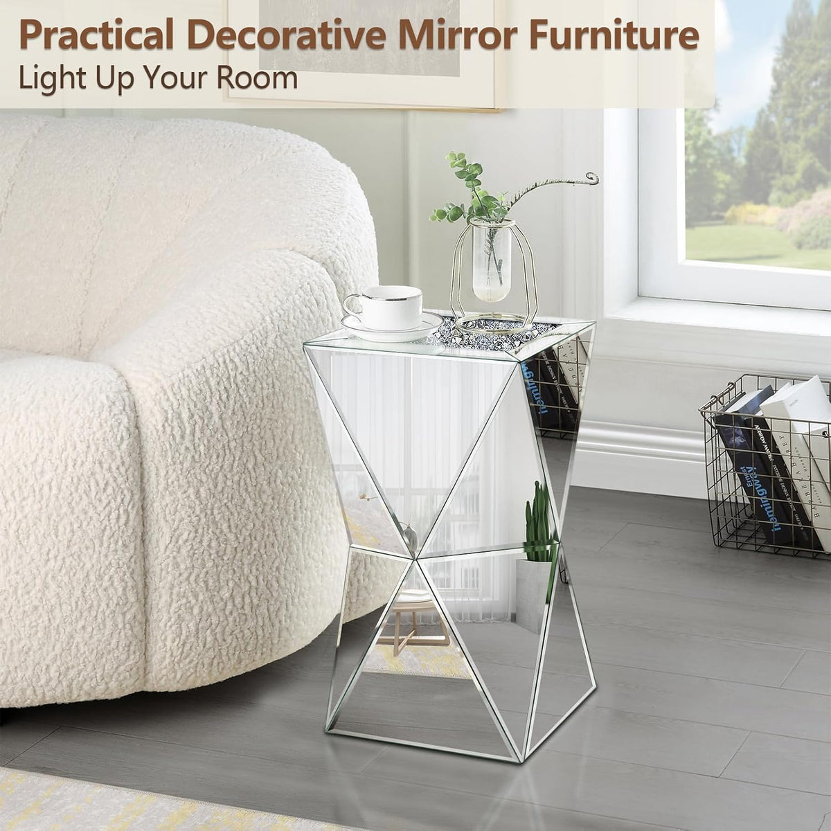 Pregaspor Sliver Mirrored End Table, Crushed Diamond Top Accent Side Table, Geometric Small Mirrored Coffee Table for Living Room, Bedroom, Corner, Small Space