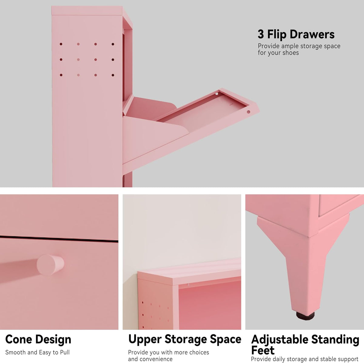 Freestanding Shoe Cabinet with 3 Flip Drawers-Metal Narrow Shoe Rack for Entryway,Hallway,Living Room-Hidden Metal Shoe Cabinet (3 Door Width 27.56, Pink)