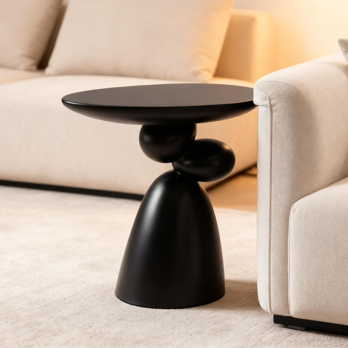 Lucky Stone Oval Coffee Table, Minimalist Fiberglass Tea Table with Sculptural Base, Scandinavian Modern Low Coffee Table for Living Room, Cozy Apartment & Studio, Black 20.1'