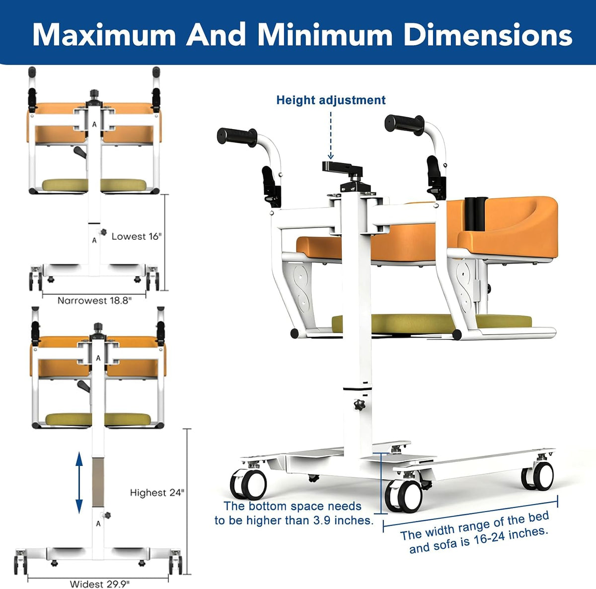 Patient Lift Transfer Chair for Home, 4 in 1 Portable Transfer Lift Chair for Seniors and Adults, 180° Split Seat & Adjustable Height, Easy to Use, Ships from USA