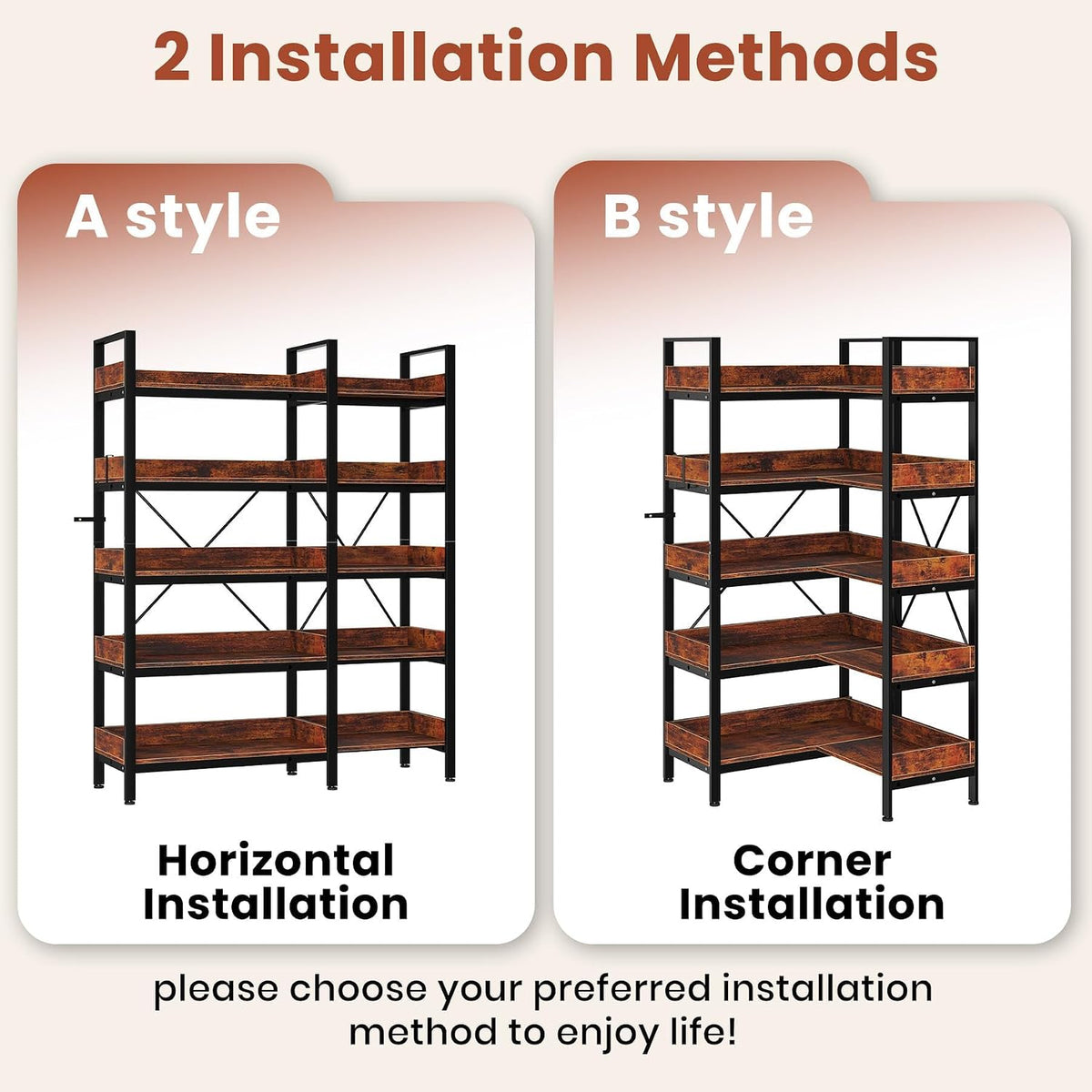 5 Tier Bookshelf, L-Shaped Reversible Corner Bookshelf with 4 Hooks, 65' Industrial Wooden Bookcase with Open Shelves and Metal Frame, Plant Stand and Storage Rack with Adjustable Feet for Living Room
