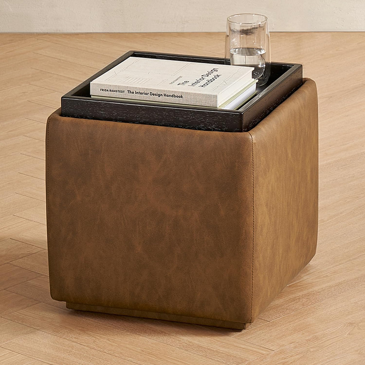 mopio Levi Storage Ottoman with Reversible Tray, Modern Square Chest Coffee Table, Upholstered Cube Sitting Foot Stools Ottoman for Living Room, Bedroom, Entryway (Faux Leather, Pecan Brown)