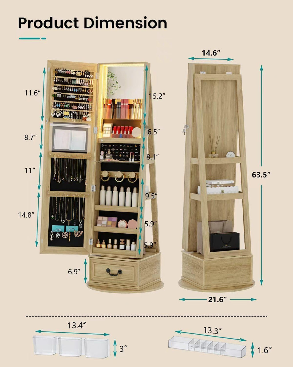 Vlsrka Mirror Jewelry Cabinet Standing, 360° Swivel Jewelry Armoire with Full Length Mirror, Lockable Mirror with Jewelry Storage, 3-Color LED Lights, Foldable Makeup Shelf
