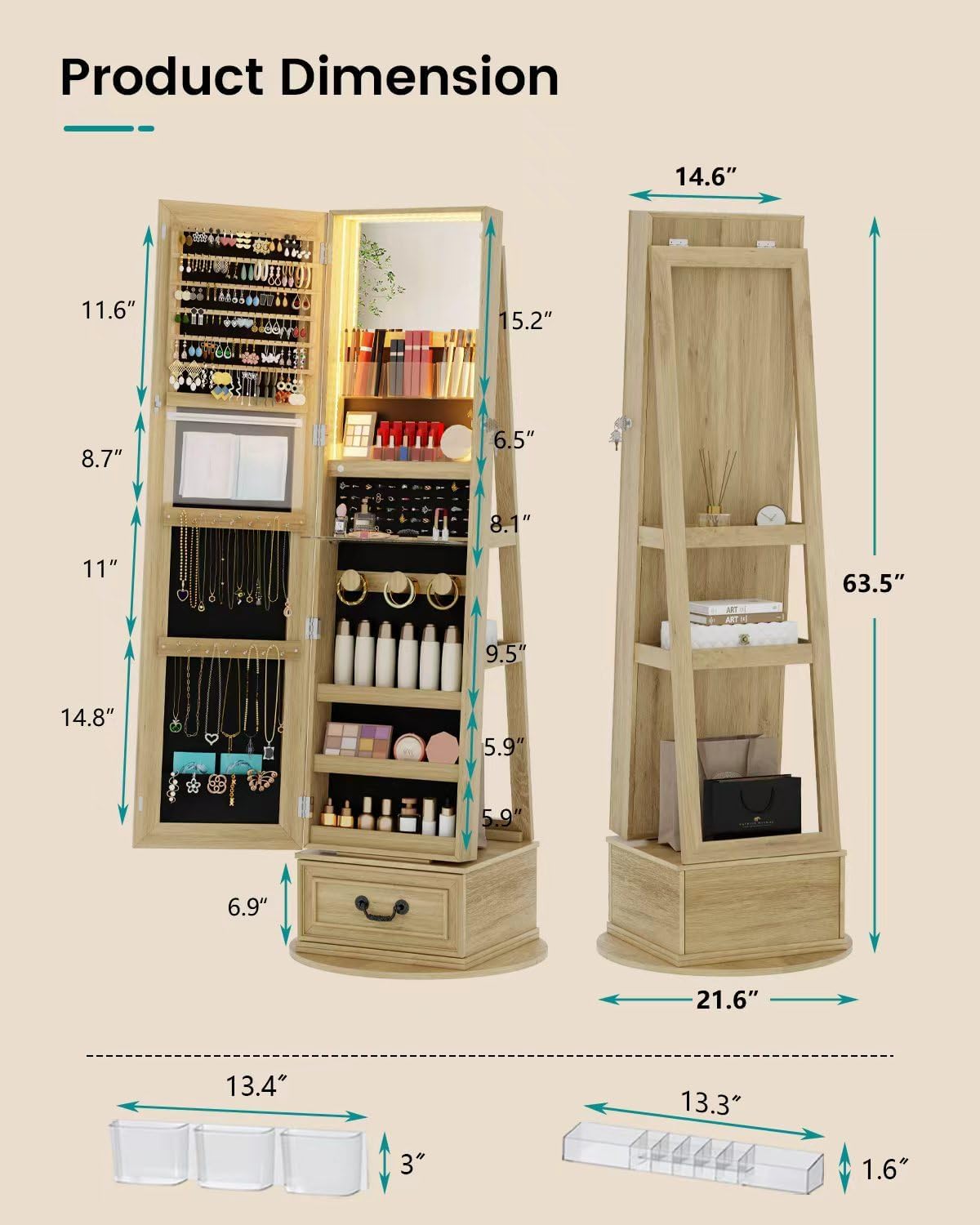 Vlsrka Mirror Jewelry Cabinet Standing, 360° Swivel Jewelry Armoire with Full Length Mirror, Lockable Mirror with Jewelry Storage, 3-Color LED Lights, Foldable Makeup Shelf