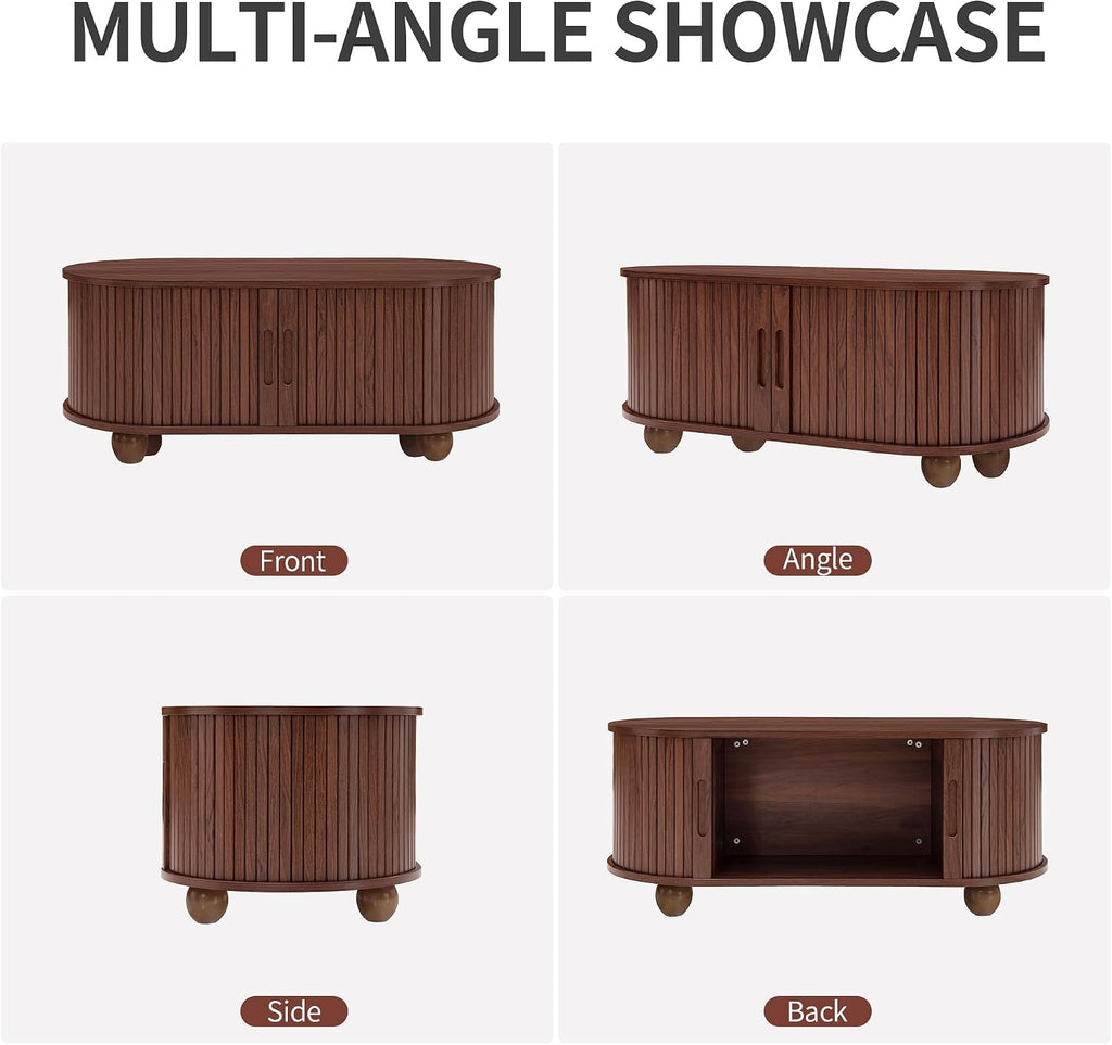 40' Walnut Oval Coffee Table with Storage, Mid Century Modern Coffee Table with Sliding Tambour Door,Wood Center Table for Living Room, Reception Room, Entertainment Room, Courtyard
