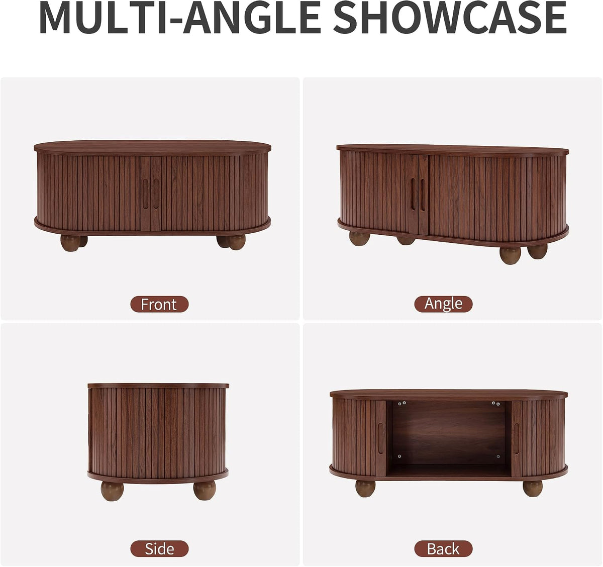 40' Walnut Oval Coffee Table with Storage, Mid Century Modern Coffee Table with Sliding Tambour Door,Wood Center Table for Living Room, Reception Room, Entertainment Room, Courtyard