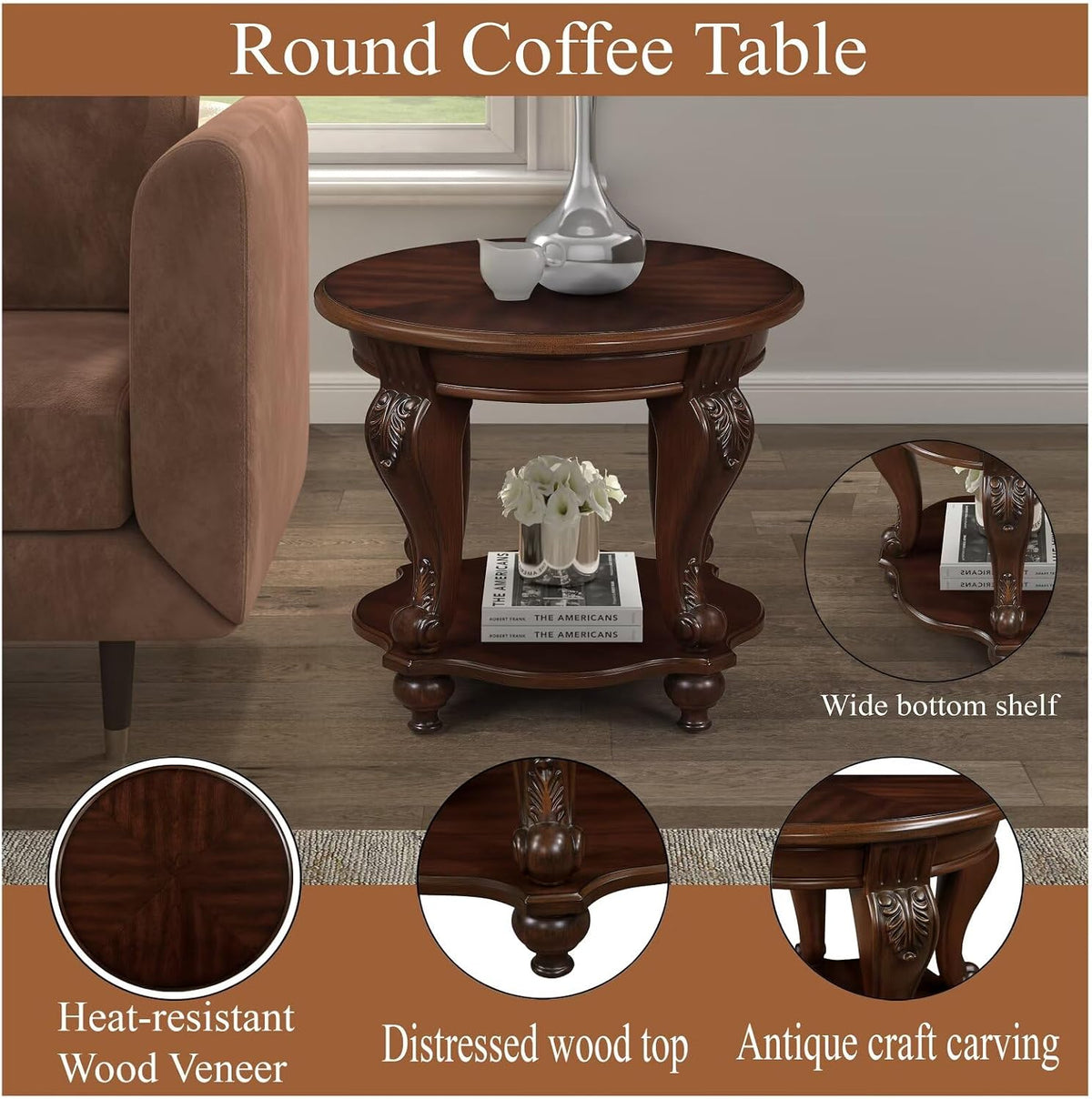 Living Room Oval Coffee Table Set, Coffee Table & Two End Side Table 3-Piece Set for Office, Living Room, Apartment, Small Space, Easy Assembly, Cherry(Color Written on Box is Light Espresso)