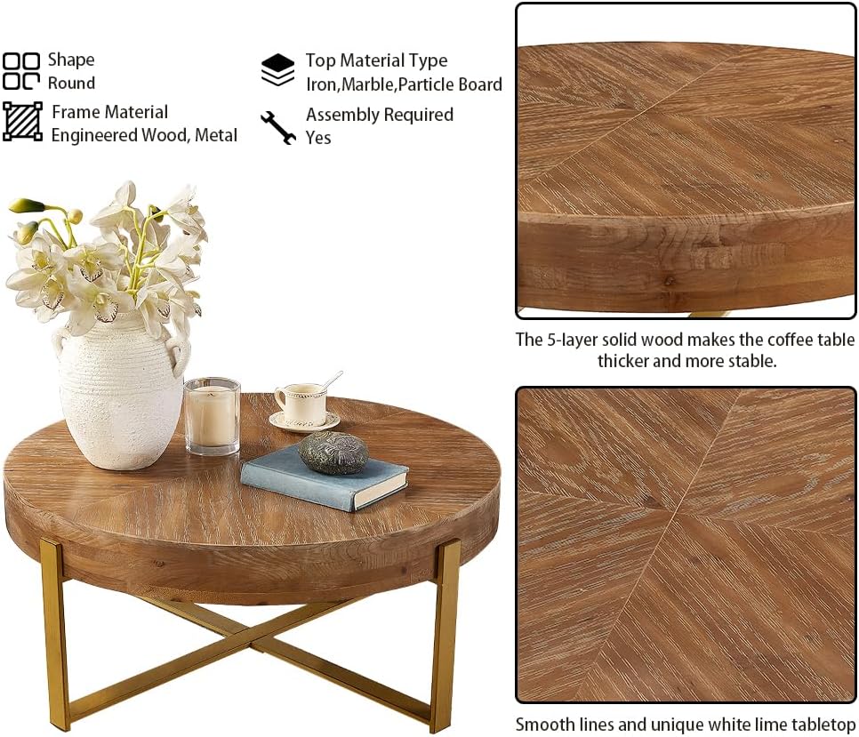 Gexpusm Round Wood Coffee Tables with Metal Leg, Farmhouse Circle Coffee Table for Living Room, Rustic Mid-Century Wooden Coffee Tables for Apartment, Easy Assembly(32' Dx32 Wx18 H)