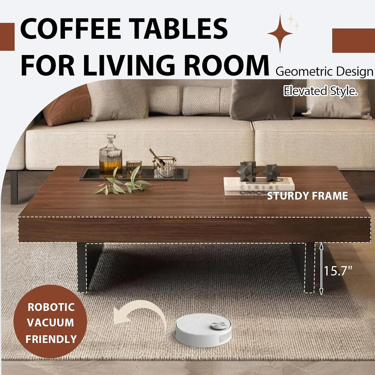 Coffee Table, Solid Wood Farmhouse Coffee Tables with Adjustable Foot Pads, Modern Large Square Center Tables for Living Room Black Square-31.5'x31.5'x 17.7'