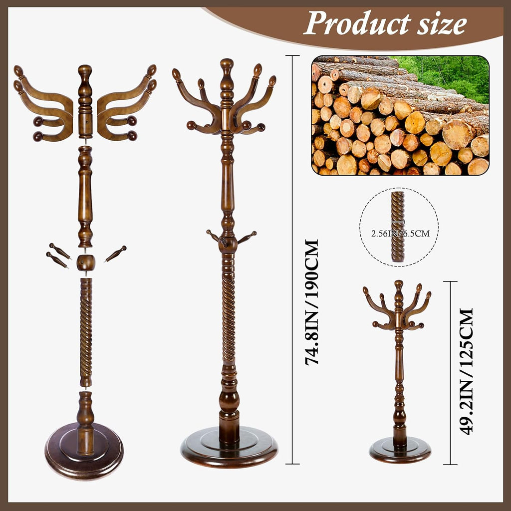 Wooden Coat Rack Freestanding, Vintage Coat Racks with Sturdy Round Base, Adjustable Height 37.40'-72.83' Entrance Coat Rack for Bedroom Living Room Entryway (Vintage Circular)