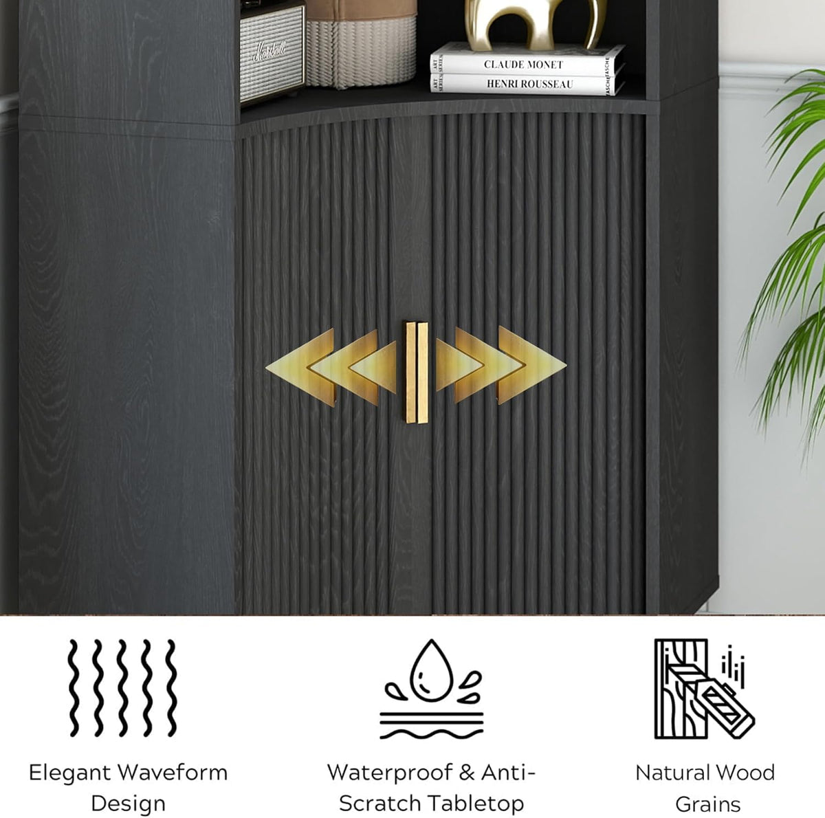 Fluted Corner Cabinet with Open Storage, Modern Floor Cabinets with Sliding Doors and 2-Tier Shelves, Freestanding Narrow Organizer for Small Space,Living Room, Dining Room,Black