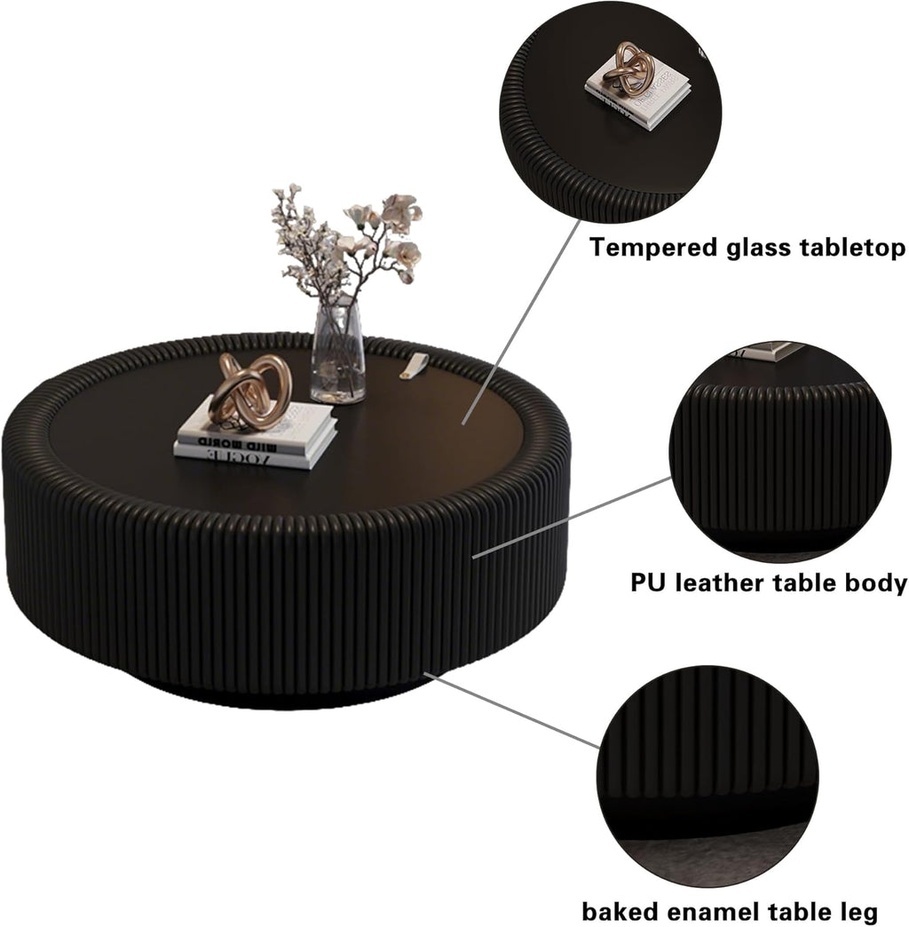 31.5' Black Round Coffee Table, Modern Fluted Drum Center Table with Hidden Storage & Tempered Glass Top & PU Leather Body, Minimalist Circle Glass Coffee Tea Tables for Living Room