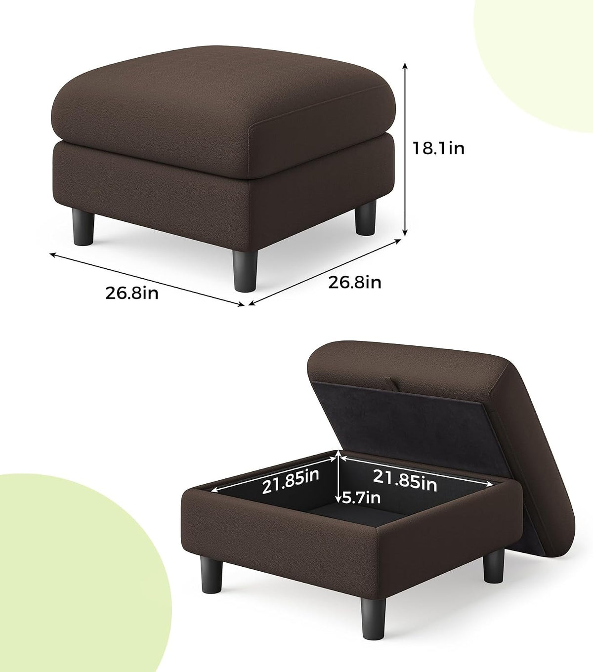 Welzona Teddy Storage Ottoman, 26.7' Large Living Room Ottoman, All-Wood Coffee Table Ottomans with Storage, Tool-Free Setup Ottomans for Living Room, Bench for Bedroom, Brown