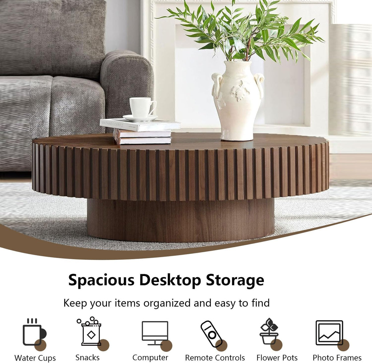 Oval Coffee Table Farmhouse Coffee Table with Handcrafted Relief Circle Drum End Table for Apartment Living Room (Brown)