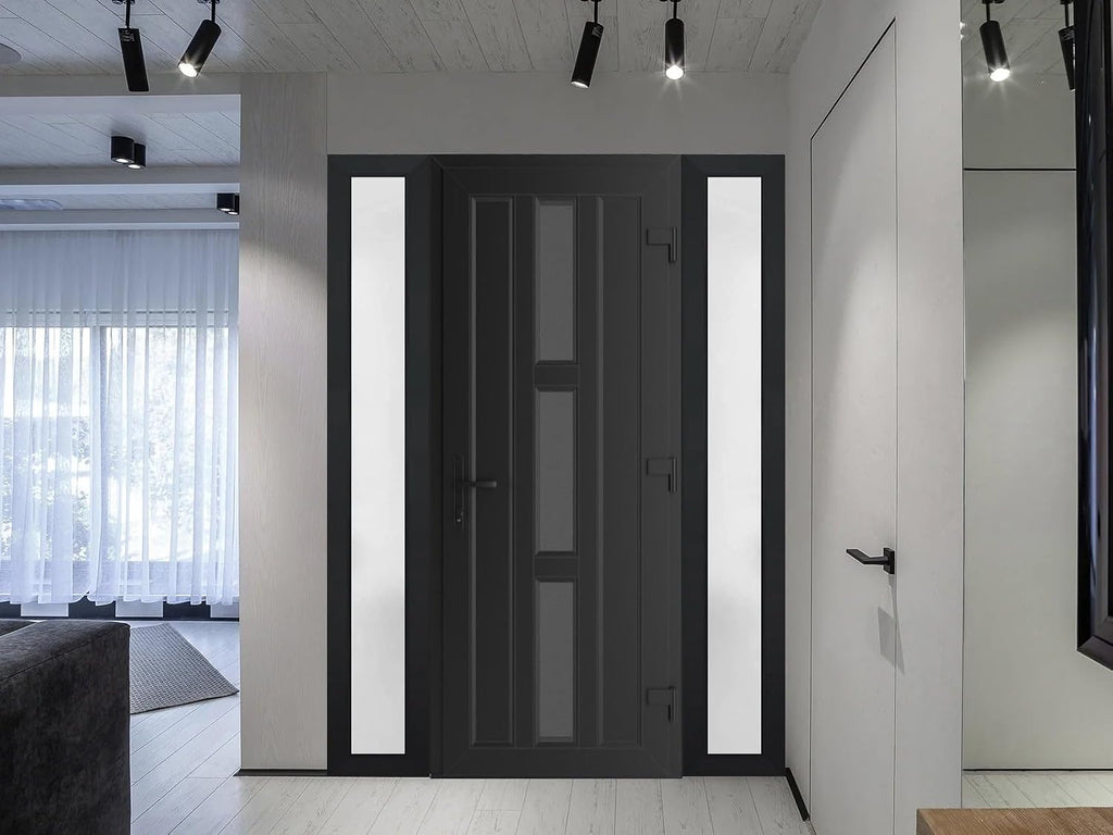 VDOMDOORS Front Exterior Prehung Metal-Plastic Door Frosted Glass | Manux 8112 Matte Black | 2 Side Sidelite Transoms | Residential Doors Entrance Patio Garage 64 x 80 (W14+36+14 x H80) Left-Inswing