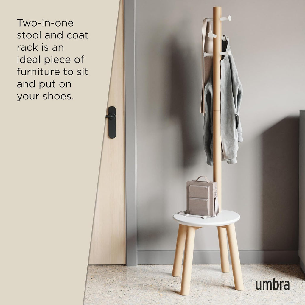 Umbra Pillar Coat Rack, Stool, Clothing Organizer, Umbrella Holder and Hat Organizer, Great for Entryway, White/Natural