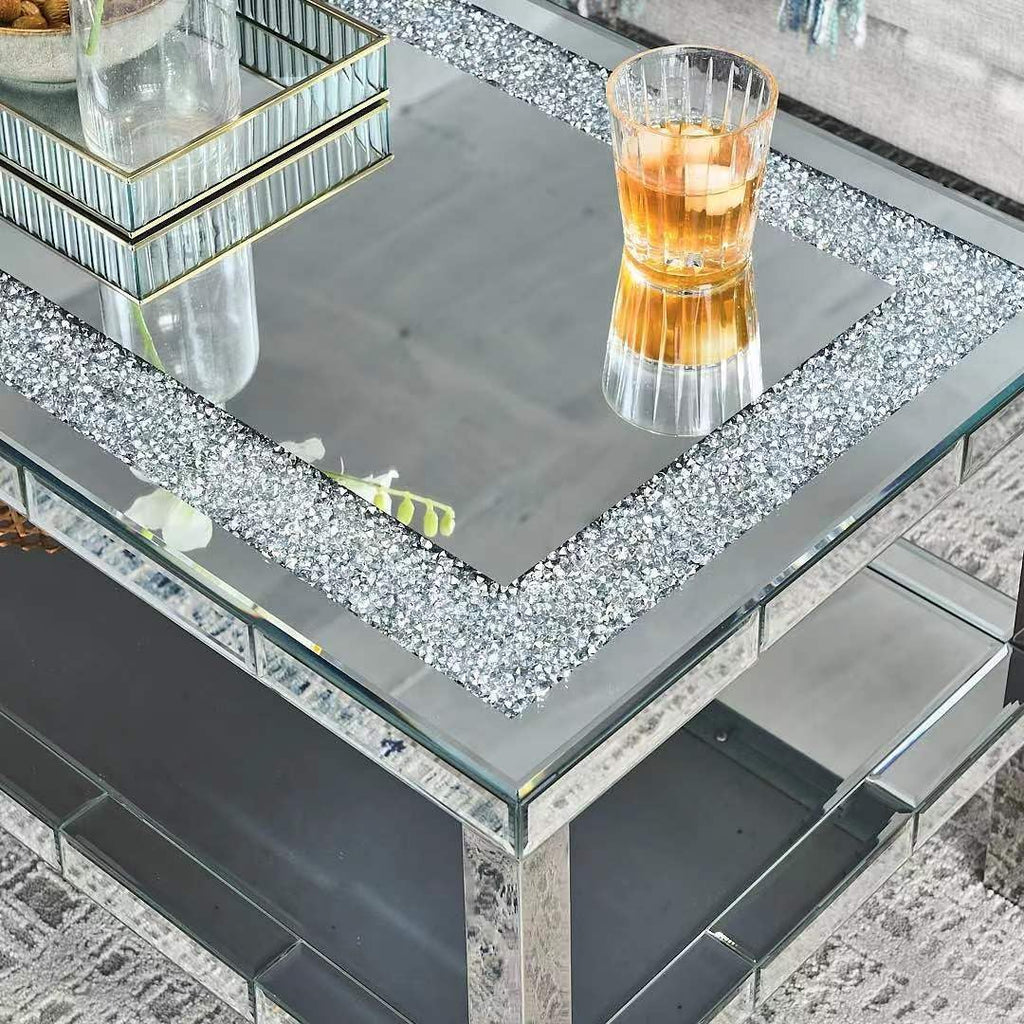 Modern Mirrored Coffee Table for Living Room Luxury Cocktail Center Table with Silver Mirror Finish Rectangular Coffee Table with Shining Crystal Inlay