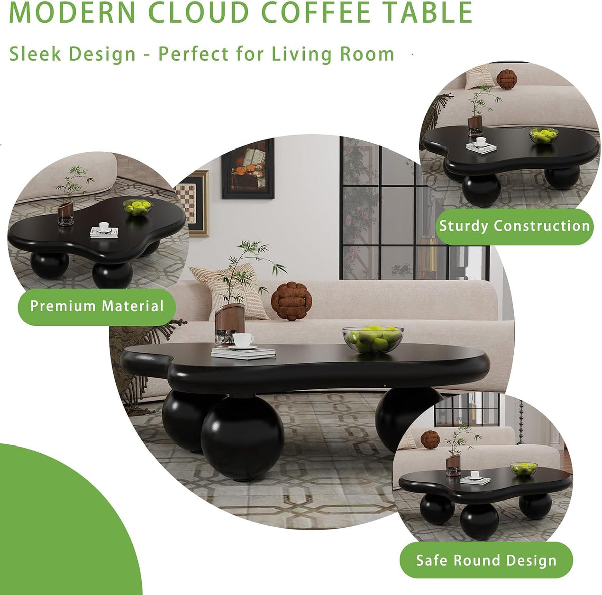 Cloud Coffee Table, Cute Irregular Coffee/Tea Table with Large Tabletop, Accent Cocktail Table, Cloud Shape Modern Coffee Table for Living Room, Office, Home Dec (D Black 46.06in)