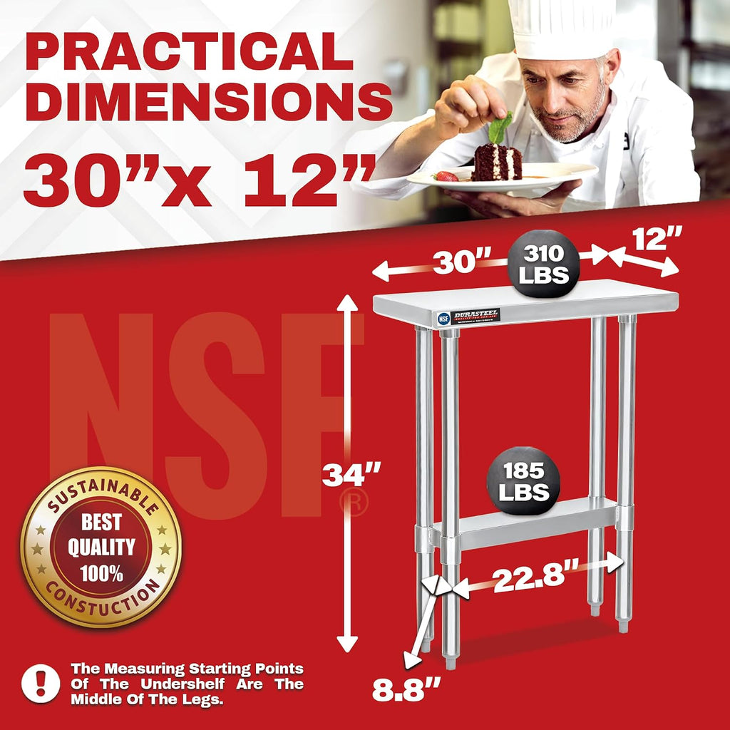 DuraSteel 30x12 Narrow Stainless Steel Table - NSF Small Food Prep Worktable - Counter Height Metal Side Station with Under Shelf - For Laundry Room, Kitchen, Outdoor Grill, Small Spaces