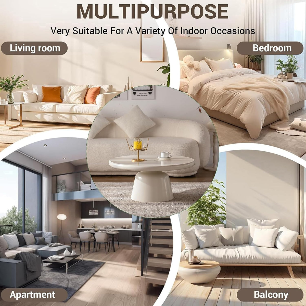 White Round Coffee Table Modern Circle Center Table Circular Coffee Tables with Stable Pedestal, for Living Room, Bedroom, Farmhouse Outdoor Patio (N31.5)