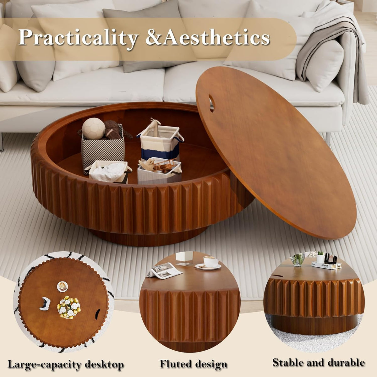 Round Drum Fluted Coffee Table with Storage for Living Room Modern Circle Coffee Table with Pedestal Center Tables Fluted Accent Tea Tables for Apartment Living Room (L31.5IN)