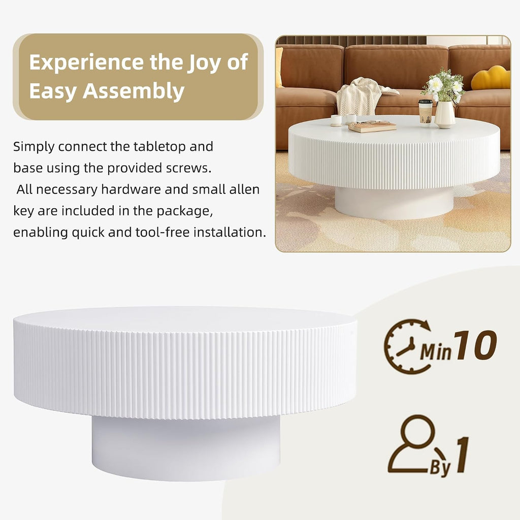 Round 31.5' Coffee Table with 6.8' Thick Tabletop,Modern Drum End Table,Minimalist Fluted Center Table with Sturdy Base for Living Room,Elegant Easy Assembly,White
