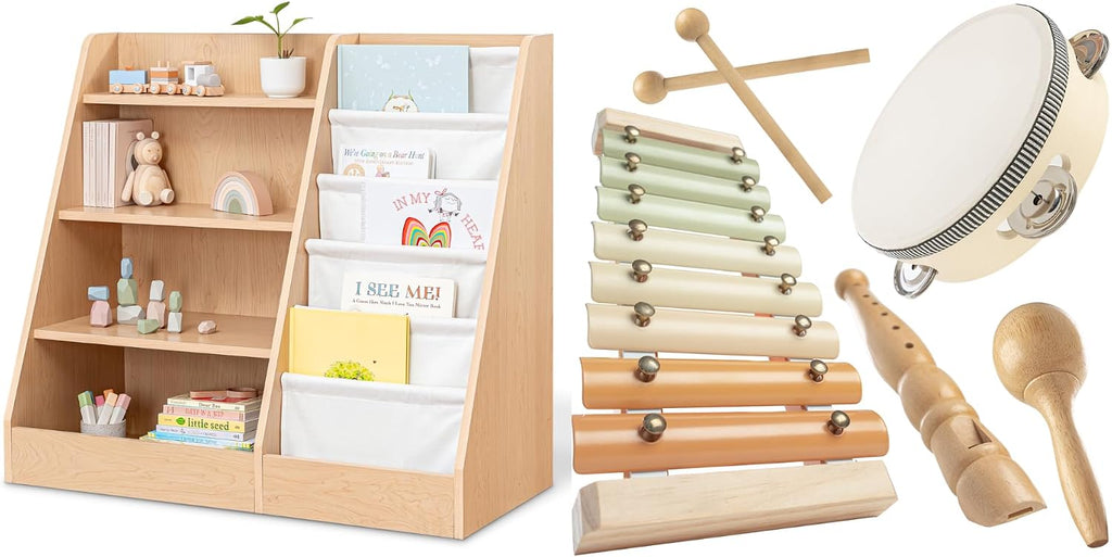 Comfy Cubs Kids Bookshelf and 4-Piece Kids Musical Instruments Set Bundled