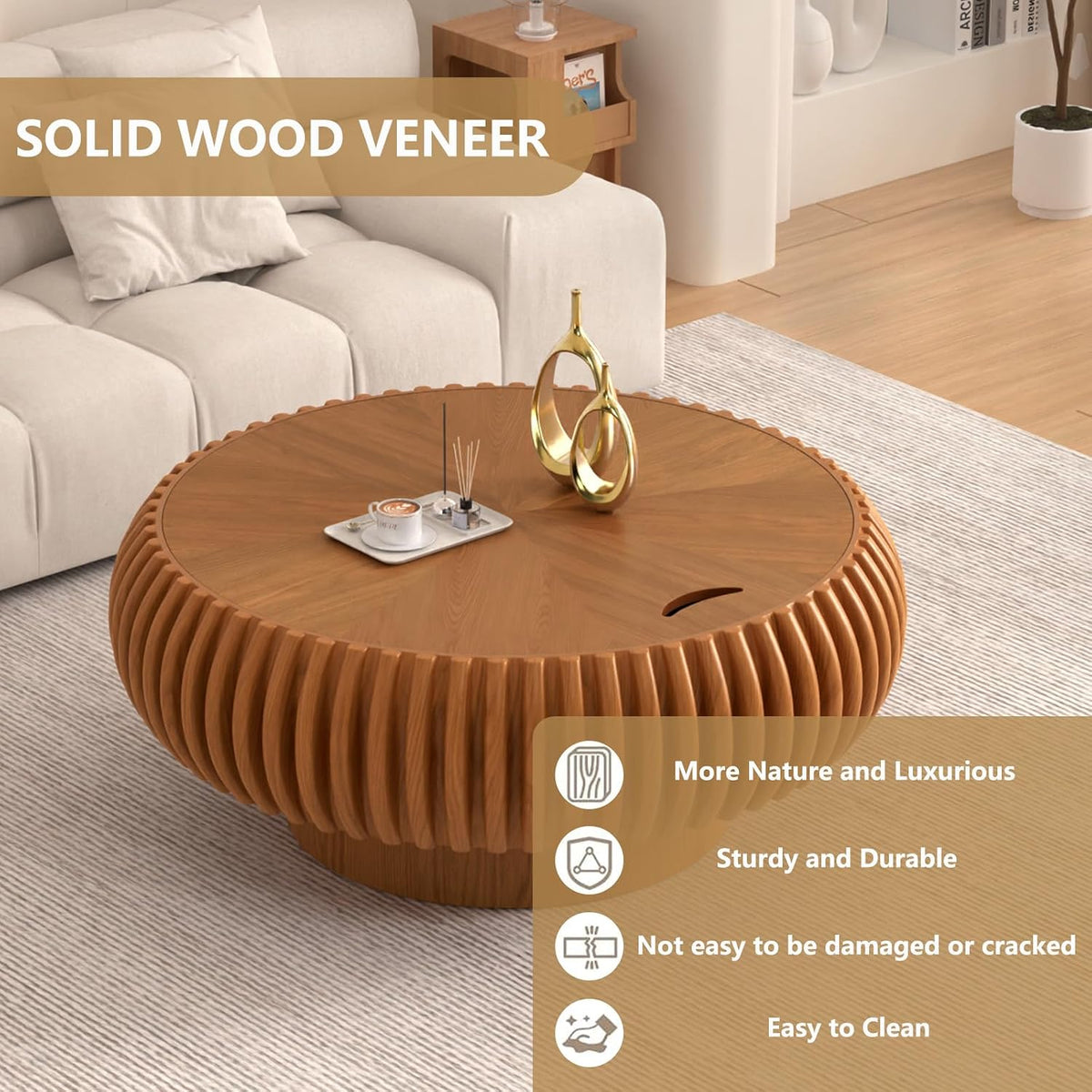 Round Handcraft Fluted Coffee Table with Sturdy Stable Pedestal Modern Luxury Drum Center Table Circle Accent Base Center Tables for Living Room Apartment (Q)