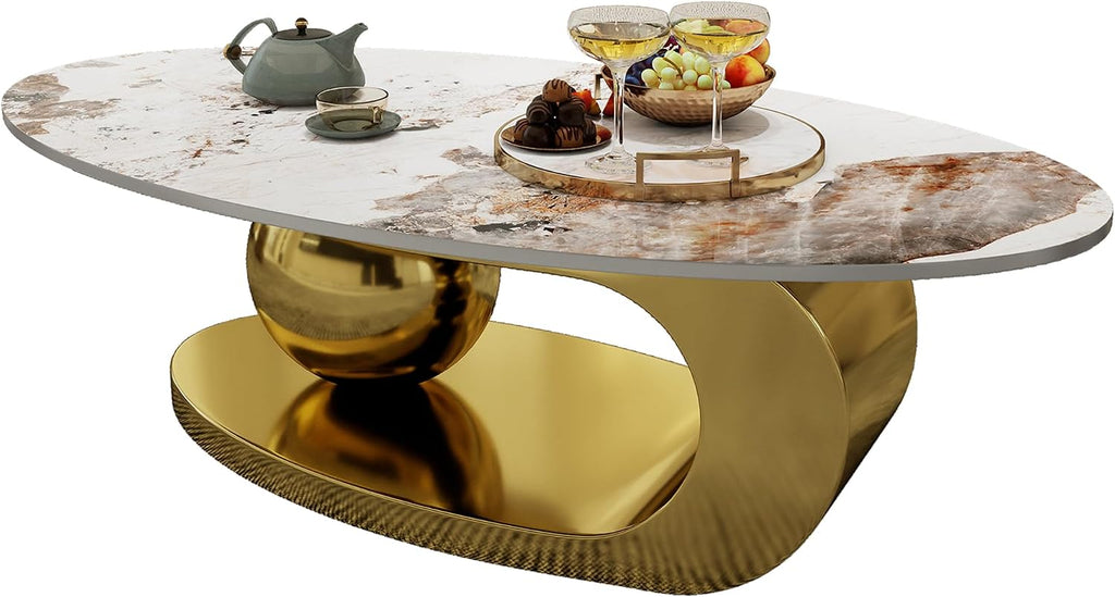 Gold Oval Coffee Table with Stainless Steel Legs,49' Faux Marble Coffee Table with Spherical Base,Luxury Coffee Tables for Living Room