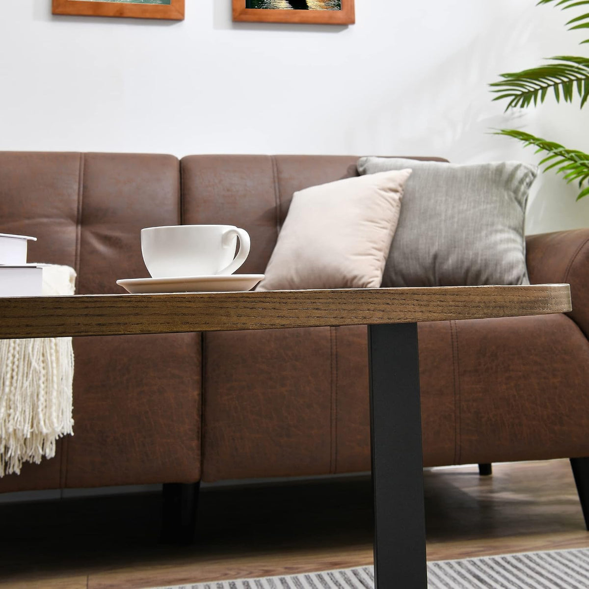 Oval Coffee Tables for Living Room, Solid Wood Coffee Tables and Metal Legs, Mid Century Modern Coffee Table, Designed Home Furniture, Center Large Coffee Table, Brown Tea