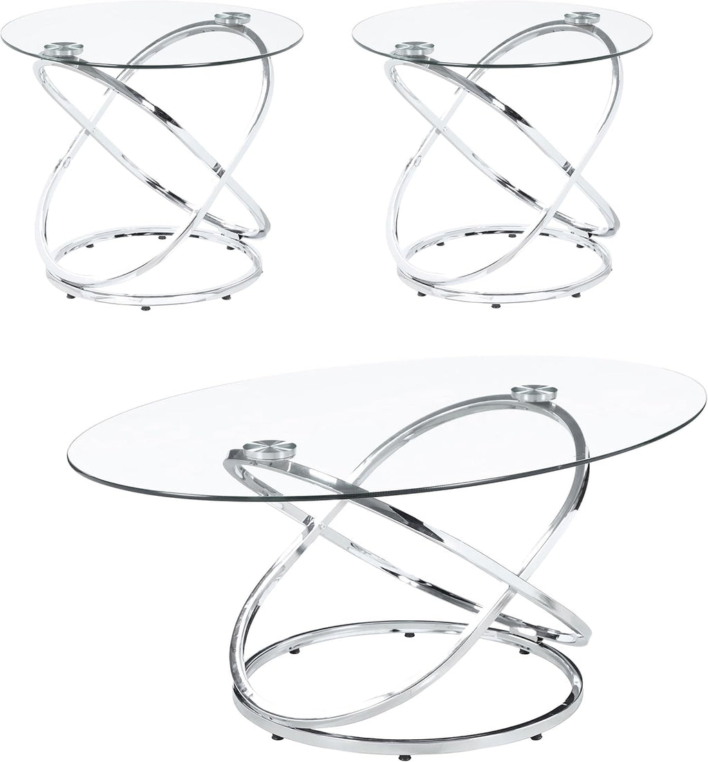 Coaster Home Furnishings - Warren - 3-Piece Coffee Table Set with Clear Glass Oval Tops, Metal Frame with Intertwined Ring Design - Living Room - Chrome - 722373