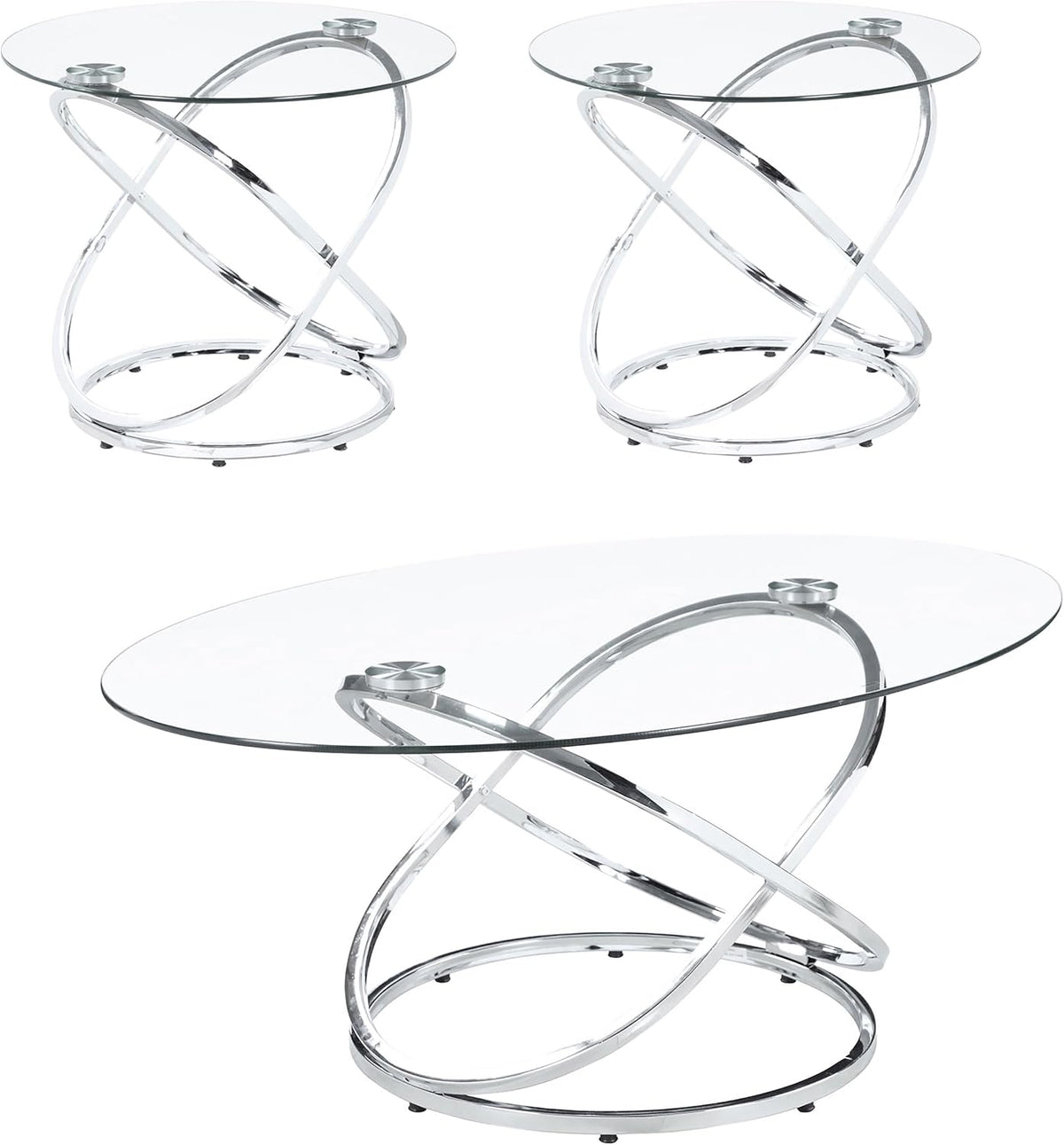 Coaster Home Furnishings - Warren - 3-Piece Coffee Table Set with Clear Glass Oval Tops, Metal Frame with Intertwined Ring Design - Living Room - Chrome - 722373