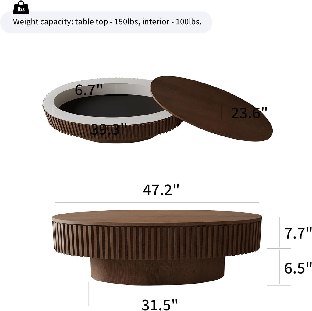 47' Walnut Coffee Table with Storage for Living Room, Modern Country Rustic Round Wooden Drum Coffee Table with Handcrafted for Apartment, Easy Assembly