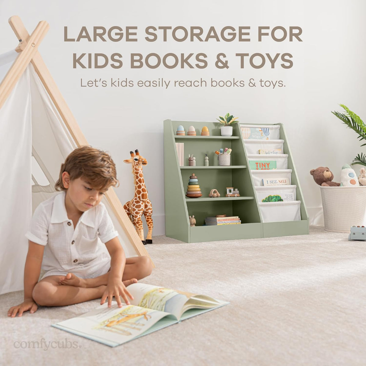 Comfy Cubs Kids Bookshelf and 4-Piece Kids Musical Instruments Set Bundled