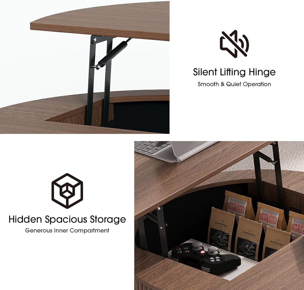 SULIVES Round Coffee Table with Lifting Top, Multifunctional Lift Top Drum Coffee Table with Sliding Door, Small Fluted Center Table for Living Room, Walnut