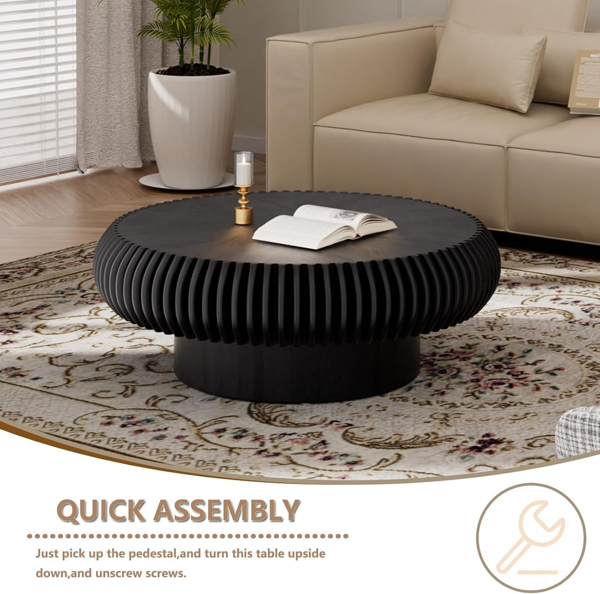 Round Handcraft Fluted Coffee Table with Sturdy Stable Pedestal Modern Luxury Drum Center Table Circle Accent Base Center Tables for Living Room Apartment (N)