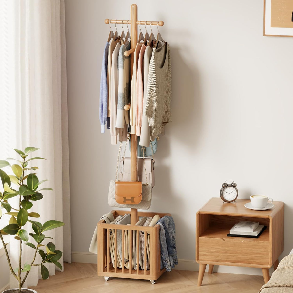 Solid Wood Freestanding Coat Rack with 10 Adjustable Hooks, Storage Basket and Lockable Casters, Organizes Hats, Clothes and Bags for Entryway, Bedroom, Living Room