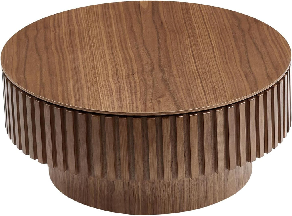 JUSTONE 31.5 Inch Round Farmhouse Coffee Table with Storage, Sturdy Pedestal Base Living Room Center Table for Lounge, Office, Apartment, Walnut