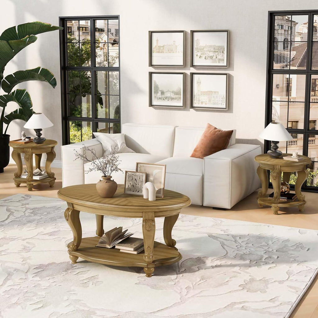 Solid Wood Coffee Table Set for Living Room, Coffee Table & 2 End Side Table 3-Piece Set with Open Storage for Office Apartment Natural
