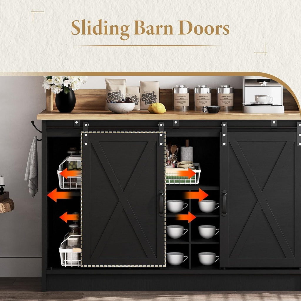 4ever2buy Coffee Bar Cabinet with Storage, 47'' Farmhouse Coffee Bar with Hutch and Sliding Barn Door, Wine Bar with 9 Wine Racks and 6 Hooks for Dining Room, Living Room, Black
