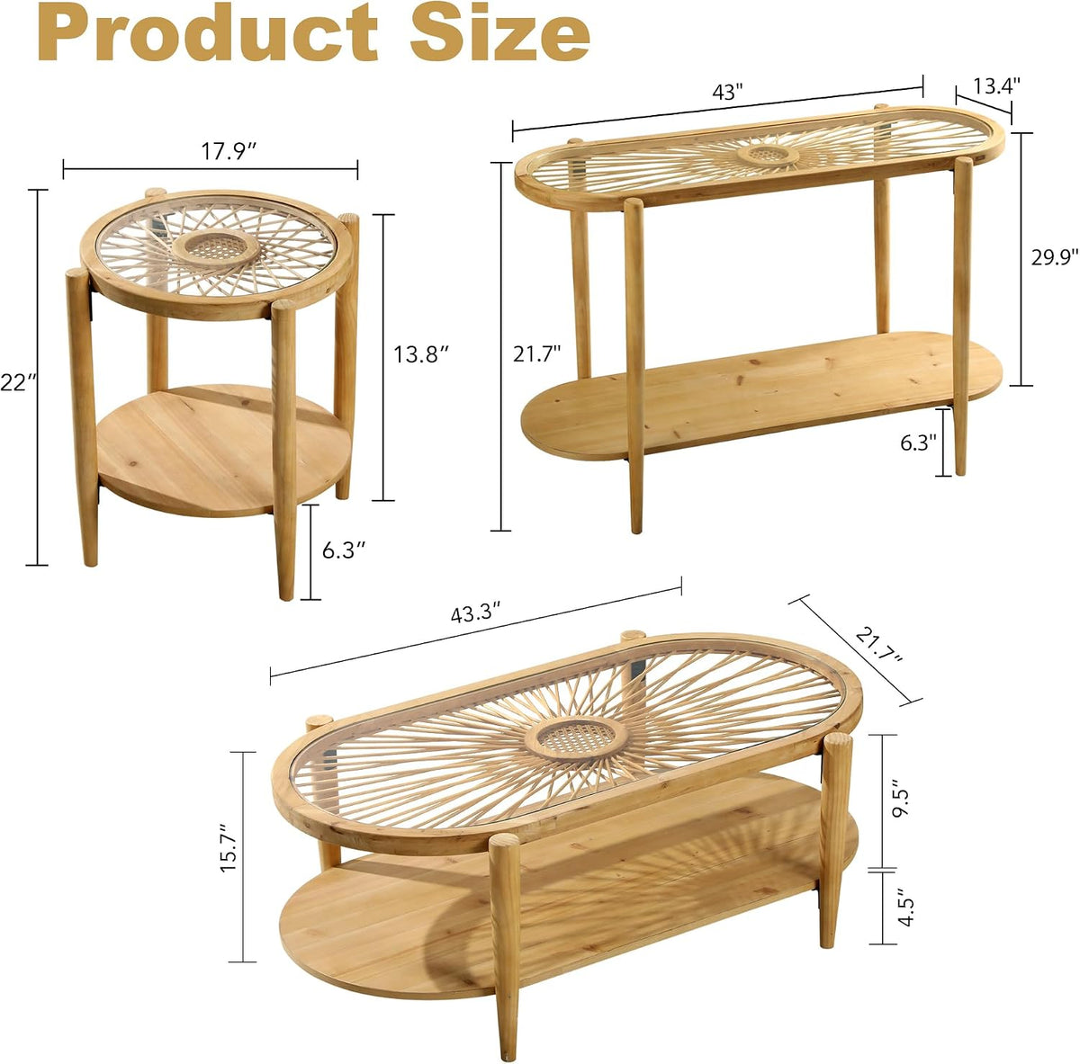 RUSTOWN Rattan Living Room Set 4 Pieces, Includes Console Table, Oval Coffee Table & 2 End Tables, Boho Farmhouse Set for Living Room, Bedroom, Home Office, Natural