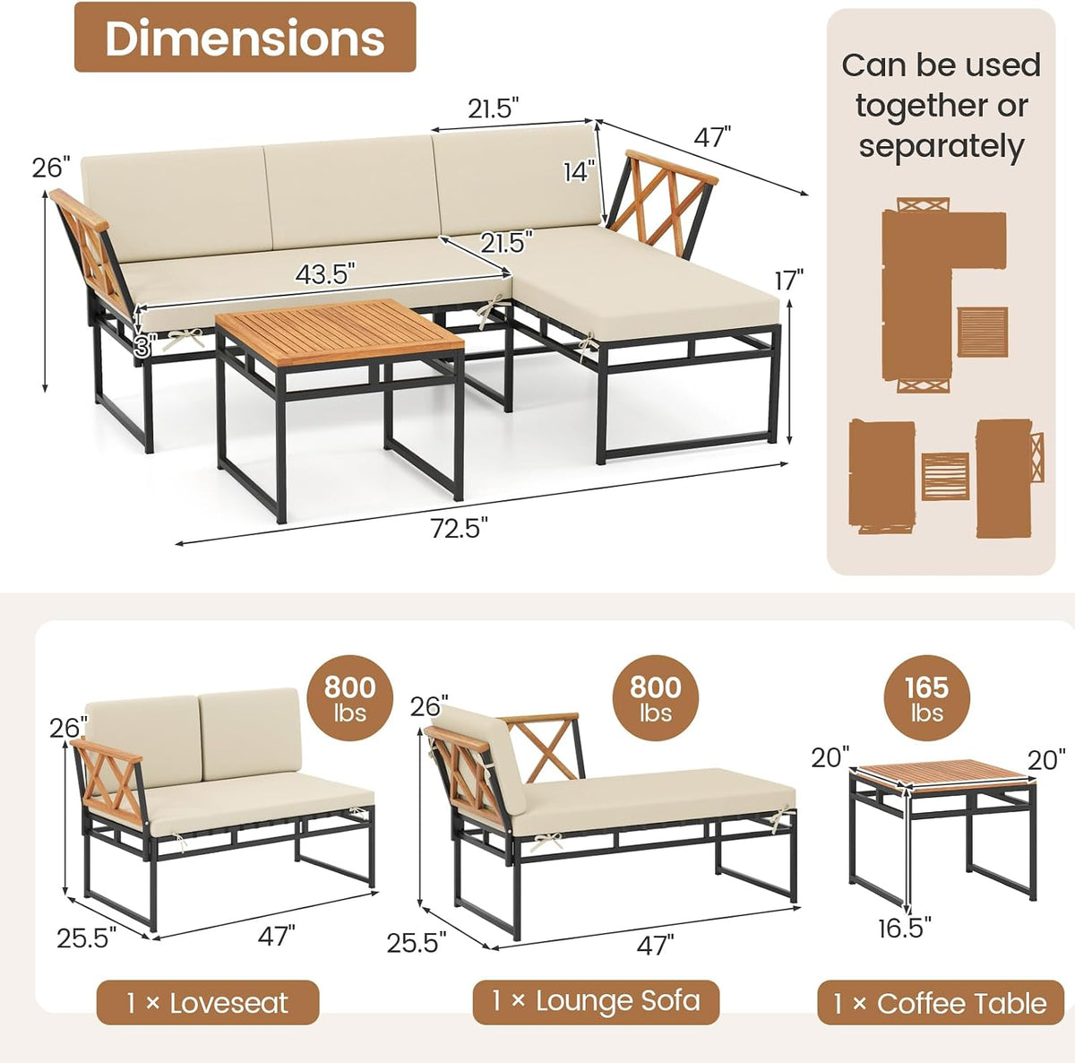 Tangkula 3 Pieces L-Shaped Outdoor Furniture Set, Acacia Wood Patio Sectional Cushioned Conversation Sofa with Square Coffee Table, for Porch, Backyard & Poolside (Beige)