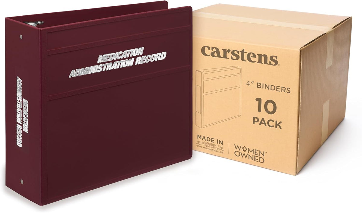 Carstens 4-Inch Heavy Duty Round Ring Binder for Medication Administration Records – Side Opening, Wine, Case of 10, Durable Plastic, No Pockets, Holds 600 Letter Sheets, Made in USA (1871-3RCS)