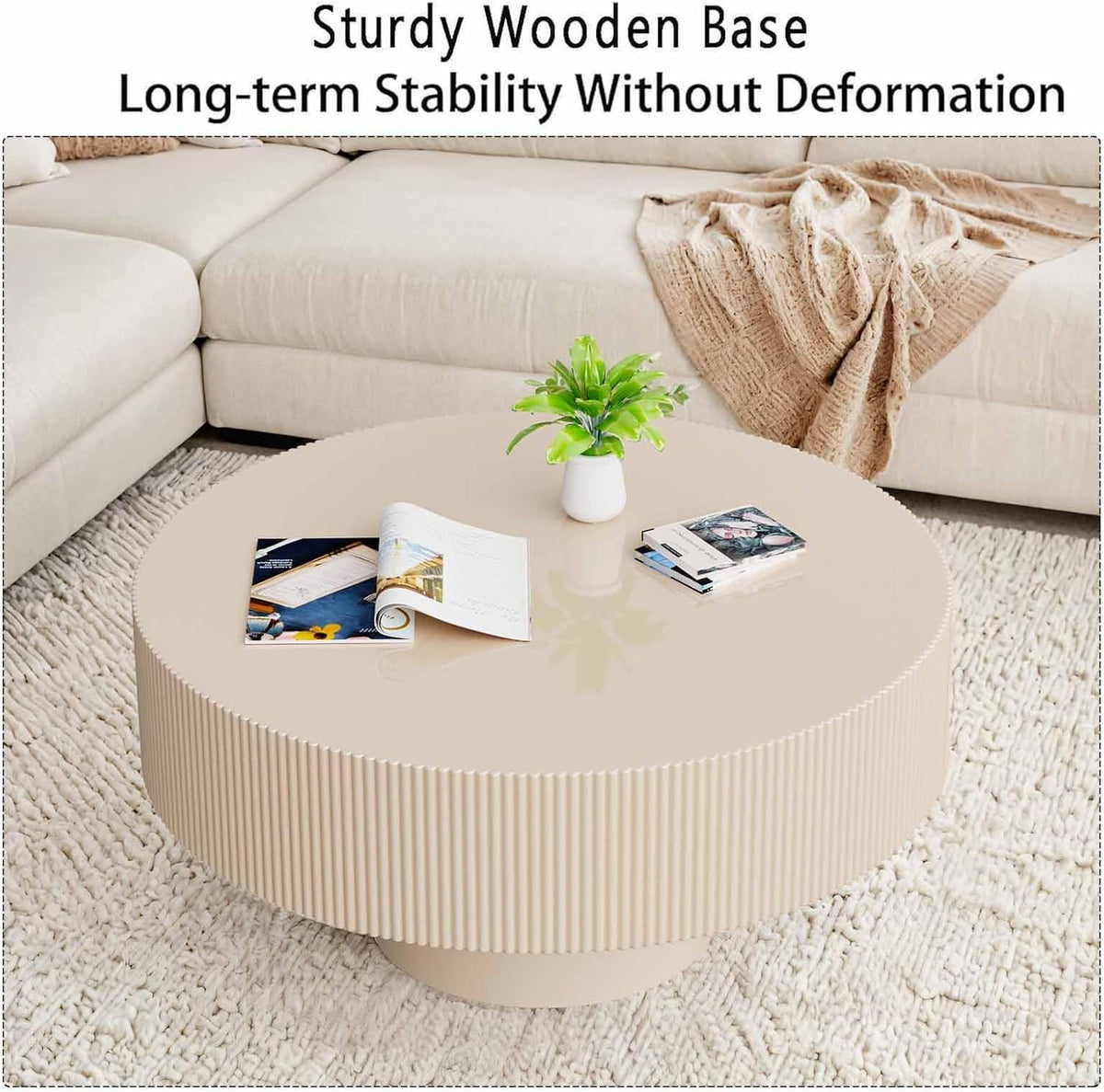 Round Fluted Coffee Table Modern Handcraft Drum Chipboard Wood Center Table, Unique Mid Century Aesthetic Low Coffee Table, for Living Room, Apartment,B
